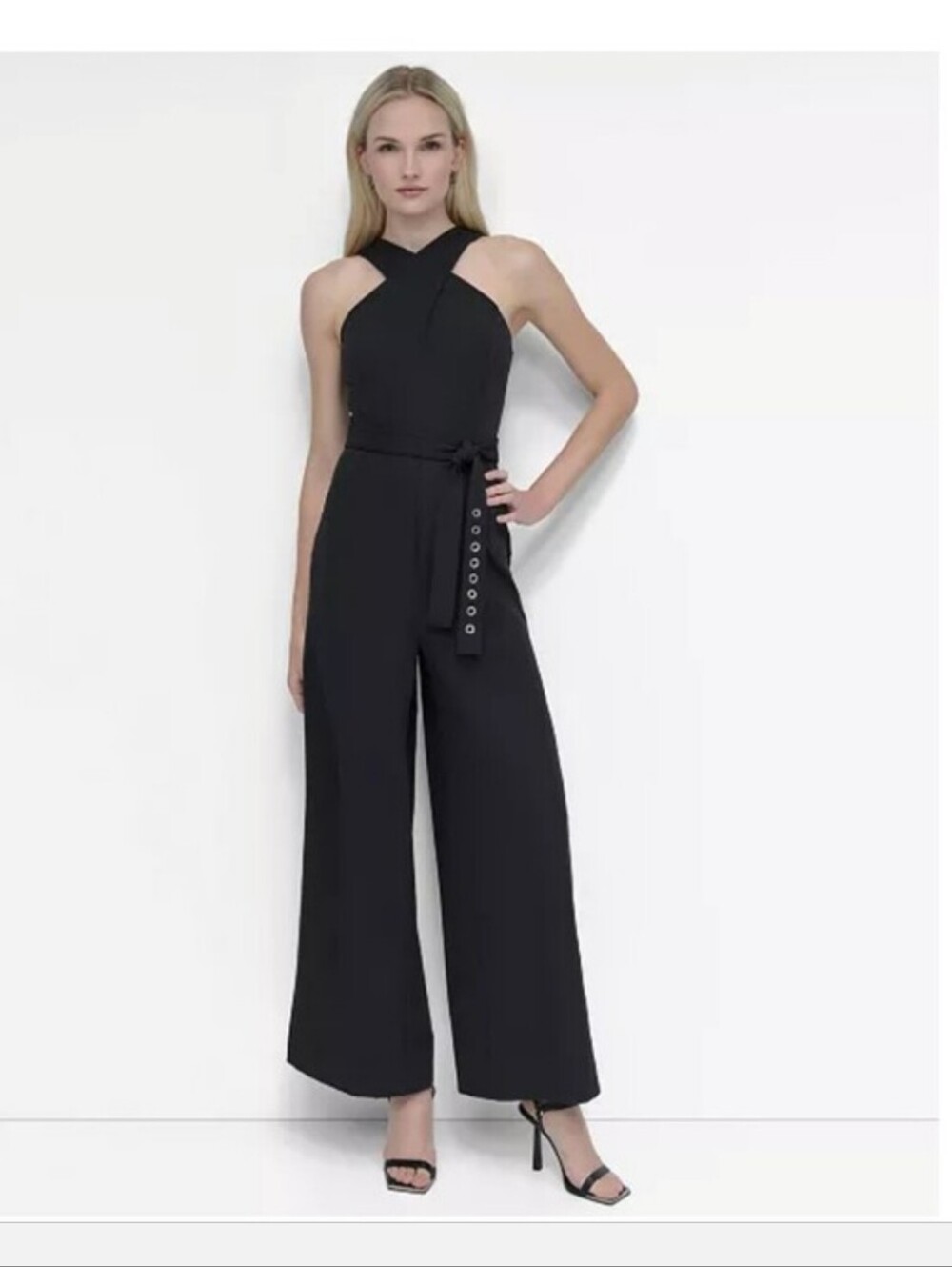 DKNY NWT $139 Size 12 Black Wrap Wide Leg Jumpsuit Belted Sleeveless